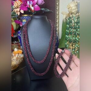 Braided garnet necklace and bracelet set